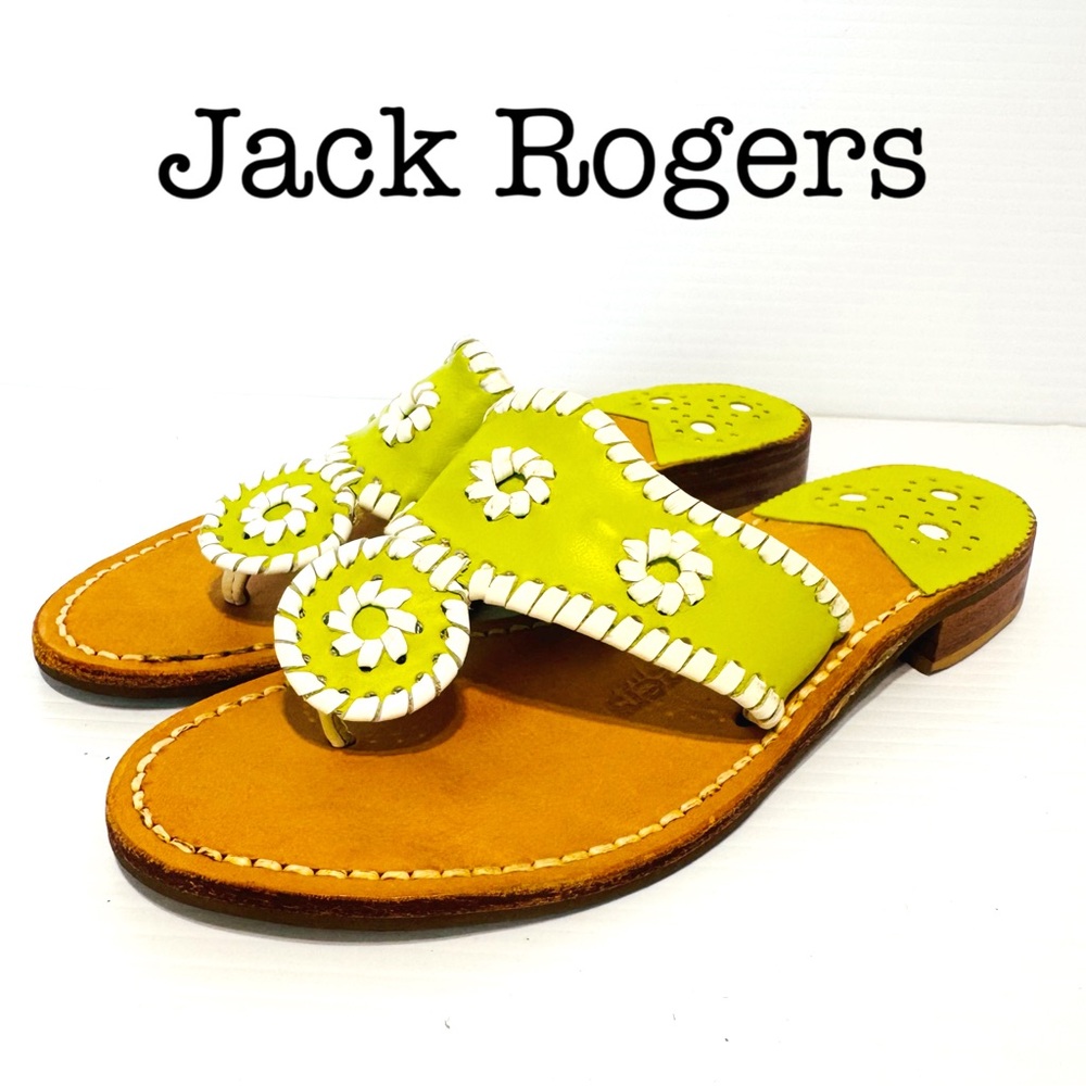 Jack Rogers Whipstitched Lime Green Boho Leather Thong Sandals Size 6
